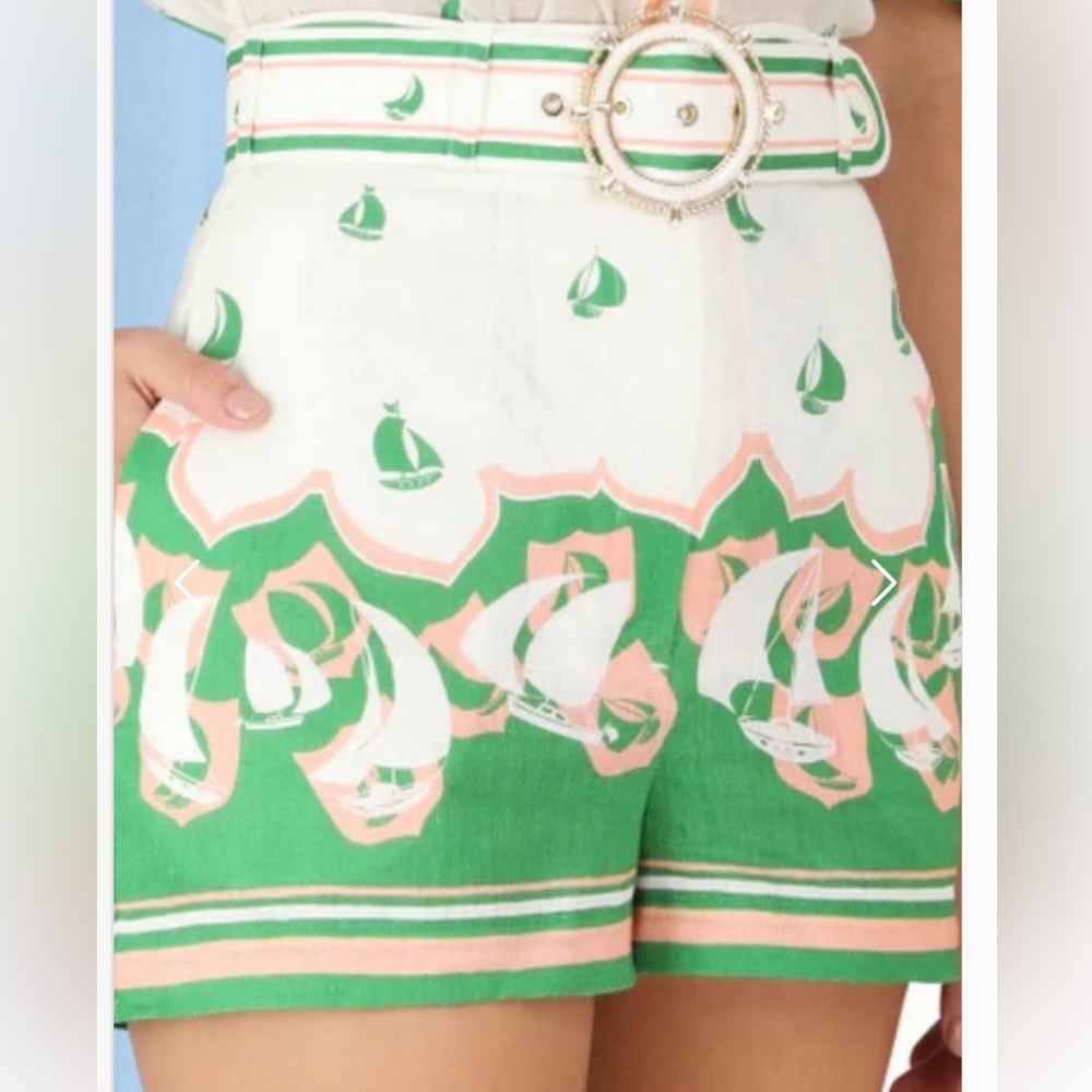 Zimmermann High Tide Sailboat Print Green and White linen Women’s Shorts, size 2
